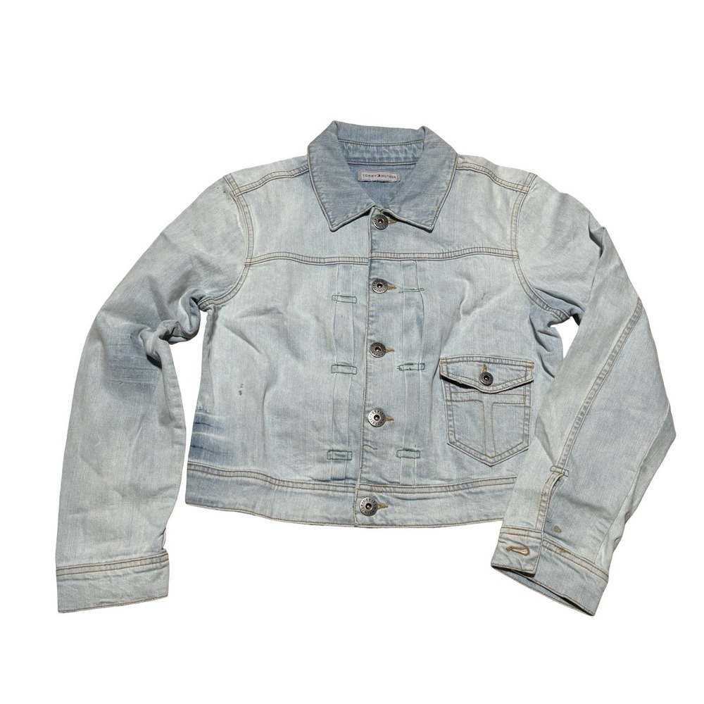 Vintage Tommy Hilfiger Women's Buckle Back Cropped Denim Jacket Sz Large 20x20